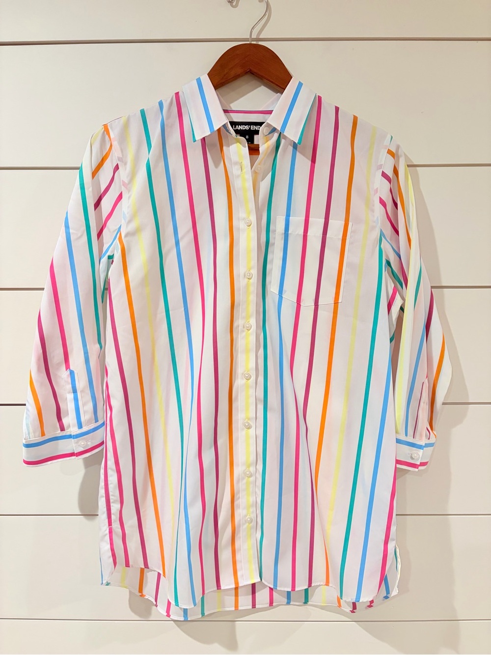Lands’ End No Iron Supima Shirt 8 Rainbow Stripe Coastal Preppycore